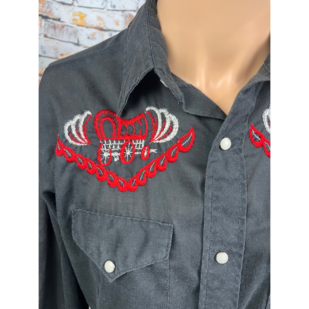 Vtg 70s Cowboy Joe Atlantic Westerner Black Pearl Snap Shirt Embroidered Wagon L - Picture 3 of 6